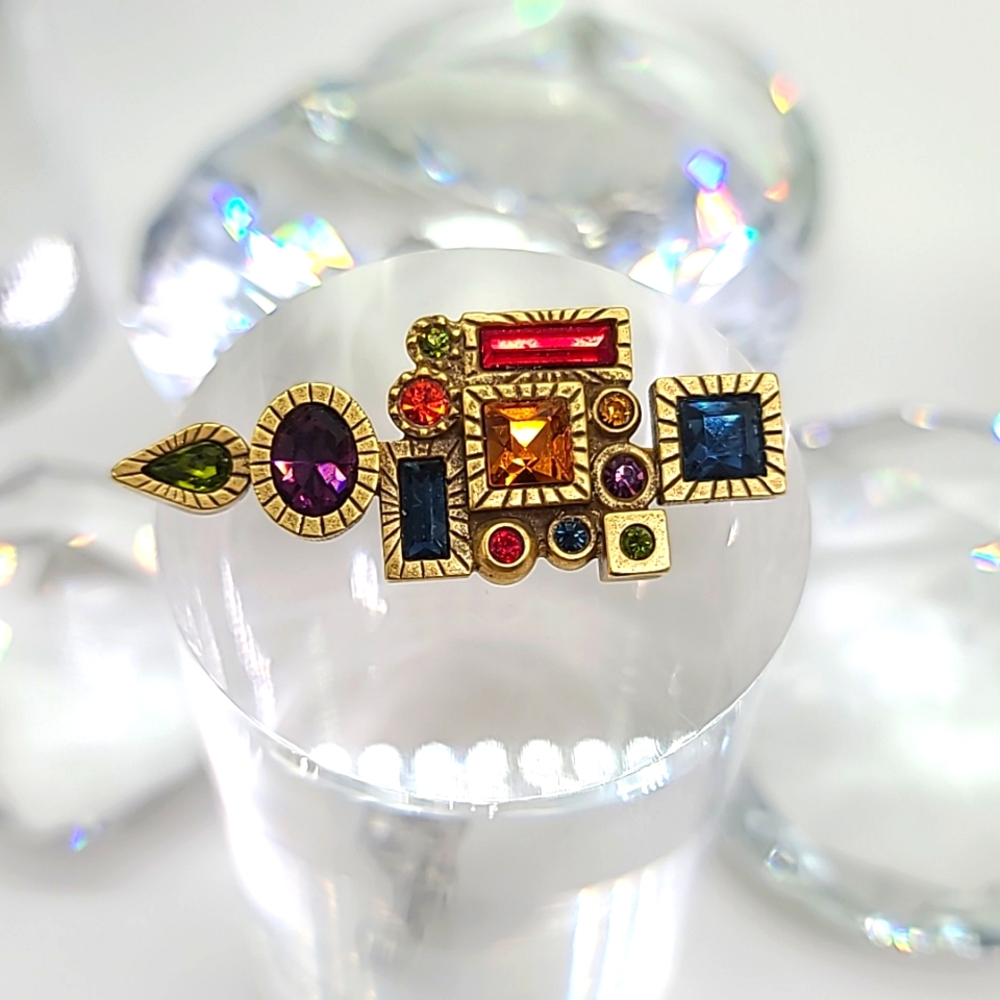 Patricia Locke Geometric Shapes Brooch w Colored Austrian Crystals Circa 1990s!